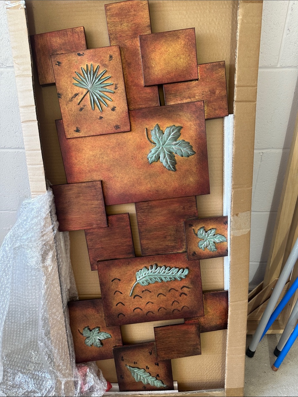 3D Rustic Metal Wall Art Panel with green Leaf Accents -  Patina NWT vintage